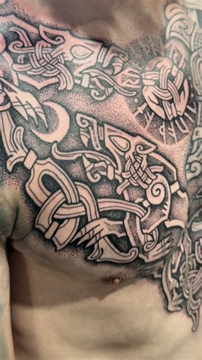 Here’s some more Nordic mythological themed designs in tradition Viking age art forms I tattooed for Tobias at @ferraratattooconvention. It’s always a blast to work with you dude, I can’t wait to see what krampus masks you’ll carve next! See you again soon :) Music: @vevaki 🖤 #vikingtattoo #nordictattoo | Sean Parry