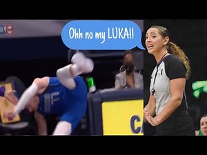 Luka Doncic goes down Lakers bench referee Ashley Moyer Gleich rescued 🤣