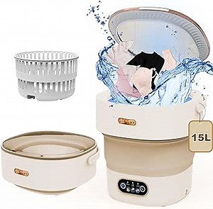 Collapsible Washing Machine, 15L Large Capacity Portable Small Washing and Dryer Machine, Mini Washer with Spin for Travel,Apartment, Baby Clothes, Socks, Light brown