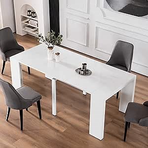 ivinta Expandable Dining Table with Leaf for 8, Rectangular White Wood Dining Table, Modern Extendable Table for Kitchen Living Room, 5277 (Gloss White)