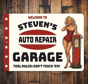 Retro Pin-up Girl Custom Metal Garage Sign - Personalized Auto Repair Shop Decor - Vintage Style Man Cave Wall Art - Etsy