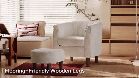 LINSY Accent Chair and Ottoman Set: Chenille Barrel Chair with Foot Rest, Mid-Century Modern Small Reading Chair Upholstered Armchair with Footrest for Living Room Bedroom Study Room Office (Ivory)