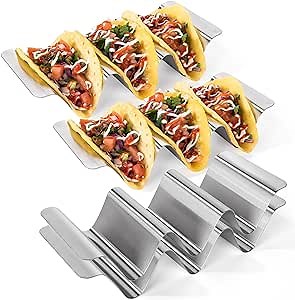 18/8 Stainless Steel Taco Holders: U-Taste Soft Hard Taco Shell Rack Oven Safe Metal Corn Tortilla Serving Tray Plates Stand Set with Handle and Rounded Curves (Set of 4)