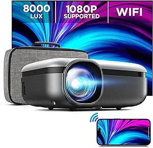 Portable WiFi Projector 1080P Supported, MOOKA Mini Projector with Carrying Bag 8000L Outdoor Movie Projector Compatible with TV Stick HDMI USB AV PS4 IOS Android Laptops