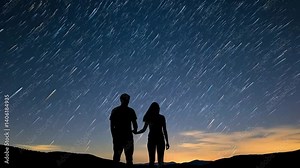 Romantic Couple Watching Meteor Shower from Hilltop Under Starry Night Sky – Silhouettes with Shooting Stars in 4K Cinematic Footage, Perfect for Nature, Love, and Nighttime Scene Projects