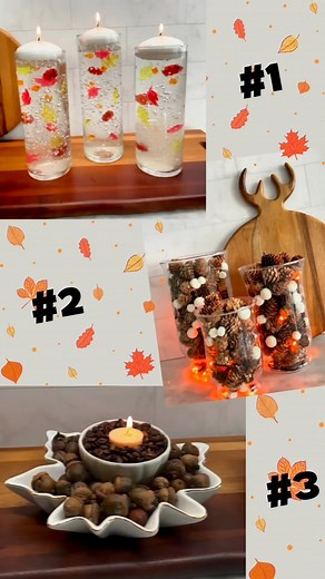 Here are 3 very easy and inexpensive Fall Centerpieces that will bring a beautiful fall ambiance to your home. What you’ll need: #1. You’ll need 3 glass vases, orbeez, fall leaf gems, floating candles and water. #2. For this one you’ll need a large, glass vase, fairy lights and mini pinecones. #3. The final centerpiece you’ll need 3-4oz small ceramic or glass bowls, whole coffee beans and French vanilla tea light candles. Which one is your favorite of the three? 2 ways to shop: 1. Comment LINK a