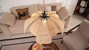 Boho 20 Inch Rattan Flush Mount Ceiling Light Flower Light Fixtures Handwoven Lampshade Ceiling Lamp Fixture for Bedroom Kitchen Island Dining Room Living Room