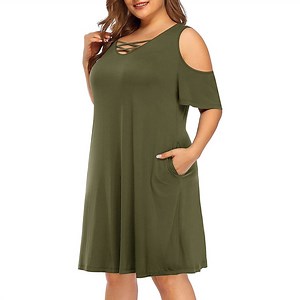 [Hot Item] Ladies Cold Shoulder T-Shirt Dress Plus Size Short Casual Summer Dresses with Pockets