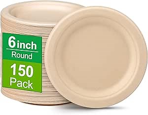 150 Pack Small Paper Plates 6 inch, 100% Compostable Plates Eco Friendly Disposable Plates, Brown Paper Plates for Dessert Cake Appetizer
