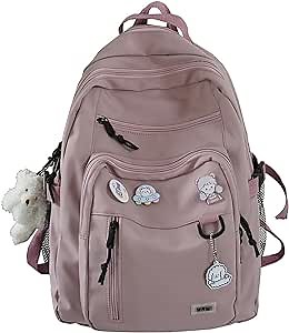 Kawaii Backpack with Cute Pin Accessories and Plush Pendant Cute Aesthetic Backpack for Girls School Bag (Pink)