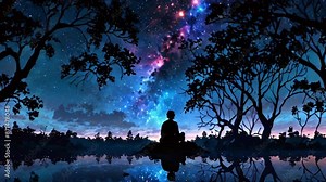 無数の星が輝く夜空と森の奥に座る男 光と闇の幻想風景