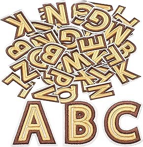 Iron on Letters for Clothing -Embroidered Iron on Patches,40 Alphabet Letters - Large Patches for Clothing - Gold/Brown 2 Inches