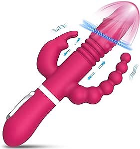 Triple Action Beaded Thrusting Vibrator - BOMBEX Gary, 10.2" Curved Head G Spot Vibrator, Rabbit Vibrator for Clitoral Stimulation, Angled Anal Beads, Adult Sex Toys for Women, Rose Red