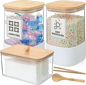 3 Pack Glass Laundry Pods Container with Bamboo Lid, Acrylic Dryer Sheet Holder, Laundry Detergent Powder Storage Containers with Stickers, Glass Storage Jar Set for Laundry Room Organized