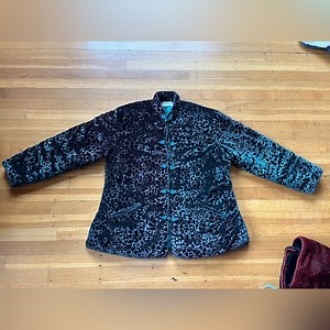 Vintage Chinese padded velvet floral jacket tang green mandarin collar M L