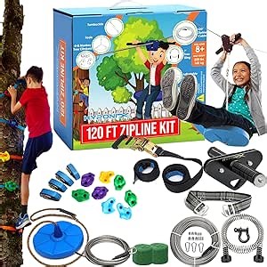 Zip Line Kit for Kids and Adults, 100/120/150/200ft, Up to 350 Lbs, Removable Trolley, Rustproof Stainless Steel, Quick Setup with Ratchet, Safety Harness, Backyard Adventure Fun W/Climbing Holds