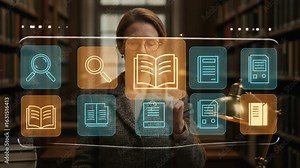 Augmented reality innovation in a traditional library as a focused White woman, 40s, interacts with holographic digital icons for seamless knowledge access and modern research. Stock Video