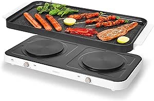 AEWHALE 2-in-1 Electric Griddle & Countertop Burner,2 Cooking Zone with Adjustable Temperature,1800W Electric Hot Plate with Removable Griddle Pan Non-stick