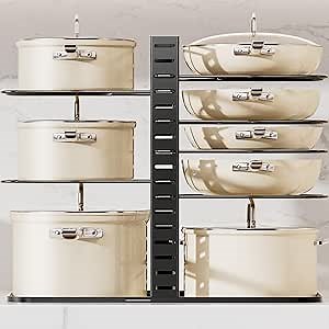 Pots and Pans Organizer - [Truly Balanced, 8-Tier Adjustable] LIGHTWEIGHT Pots and Pans Rack Organizer for Cabinet, Frying Pan, Bakeware, Lid, Dishes, Kitchen Organizers and Storage