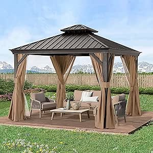 ABCCANOPY Hardtop Gazebo 10x10 - Outdoor Metal Hard Top Gazebo, Permanent Galvanized Steel Aluminum Framed Pavilion with Netting and Curtain for Patio Backyard Lawn Garden (Double Roof, Khaki)