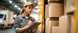 Female warehouse worker uses bar code reader while scanning packages at storage compartment.