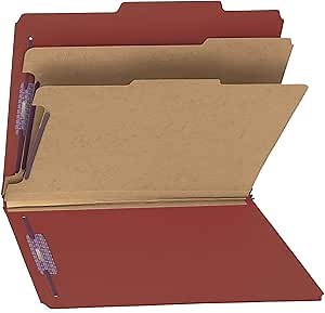 Smead PressGuard Classification File Folder with SafeSHIELD Fasteners, 2 Dividers, 2" Expansion, Letter Size, Red, 10 per Box (14205)