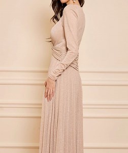 [Hot Item] V-Neck Slender Waist Pleated Long Sleeve Luxury Party Ladies Dress