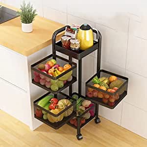 Rotating Storage Rack, Fruit and Vegetable Cart, Fruit Basket for Kitchen, Pantry Storage Cart (4 Tier Square Basket)