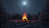 loop of bonfire with sparks in front of snowy pine trees and...