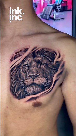 🦁 Realistic Lion Chest Tattoo | Black and Grey Animal Ink 🖤 #tattoo #liontattoo