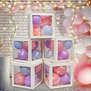 5PCS Balloon Boxes Transparent Balloon Boxes with 5 LED Light Strings, Clear Balloon Box with 48 Candy Colors Balloons for Decor Shoot Prop, Weddings Engagement Parties Bridal Shower Birthday Decor