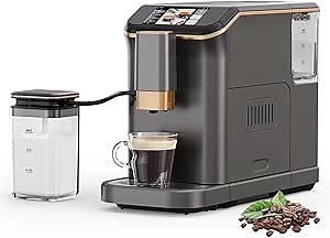 Fully Automatic Espresso Machine - Ultimate Espresso Experience, Coffee Maker Milk Frother, Steam Wand, Insulated Container, and Stylish Gold Finish, Soft-Touch Control Panel, 1350W, Gold Gray