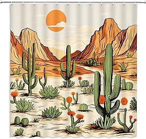 Western Shower Curtain Cactus Mountain Tropical Desert Landscape Ethnic Aztec American Cowboy Bathroom Decor Fabric Curtains with Hooks