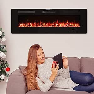 50" Electric Fireplace, Cool to The Touch Fireplace Heater, Recessed and Wall Mounted Fireplaces with Timer Remote Control Adjustable Flame Color, Black NO Bracket