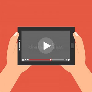 Hands Holding Tablet with Video Player on Screen. Vector Flat Illustration Stock Vector - Illustration of audio, music: 122557486
