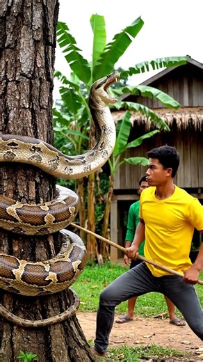Python Coiled Monkey on Tree — Man Uses Stick to Smash It! #shortvideo #animals #robotics