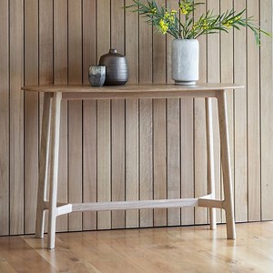 [Hot Item] China Supplier Oval Shape Natural Oak and Walnut Wooden Narrow Hall Console Table for Entryway, Living Room, Home Furniture