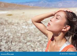 Heat Stroke Tired Dehydrated Girl Under The Desert Sun Temperature