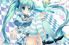 miku hatsune panties dress aqua hair striped underwear eyes long konachan mikeou vocaloid thighhighs twintails respond edit anime yande re