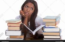 college student female books stack school american high living woman desk doing ethnic african stock solo think should while why