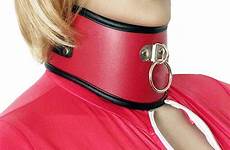 bondage collar posture female leather women neck restraint red lockable soft fetish trim cosplay play role costume costumes sexy use