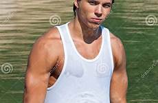 naked young muscle guy pond standing sexy soggy stock outdoors preview