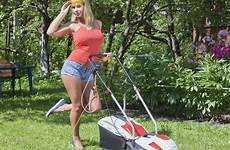 lawn mower girl woman garden young stock landscape