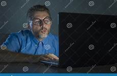 nerd lascivious aroused pervert addict watching glasses late laptop computer looking night man movie sex online preview