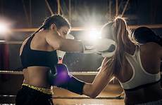 boxing female match boxers fighting ring two stock during