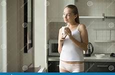 kitchen underwear young mug portrait woman coffee