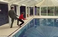 pool swimming estate pushed agent agents woman being his colleague shows her water do down hilarious mansion wanted ve tour