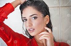 wet shirt shower brunette erotic transparent woman perfect hair cute body posing pose under red girl voluptuous portrait stock dreamstime
