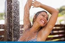 shower taking woman beautiful young outside smiling people