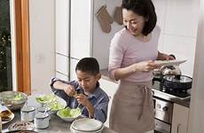 mother kitchen mom son role cook family cooking typical american safety food know her lakeside where healthy kid child together